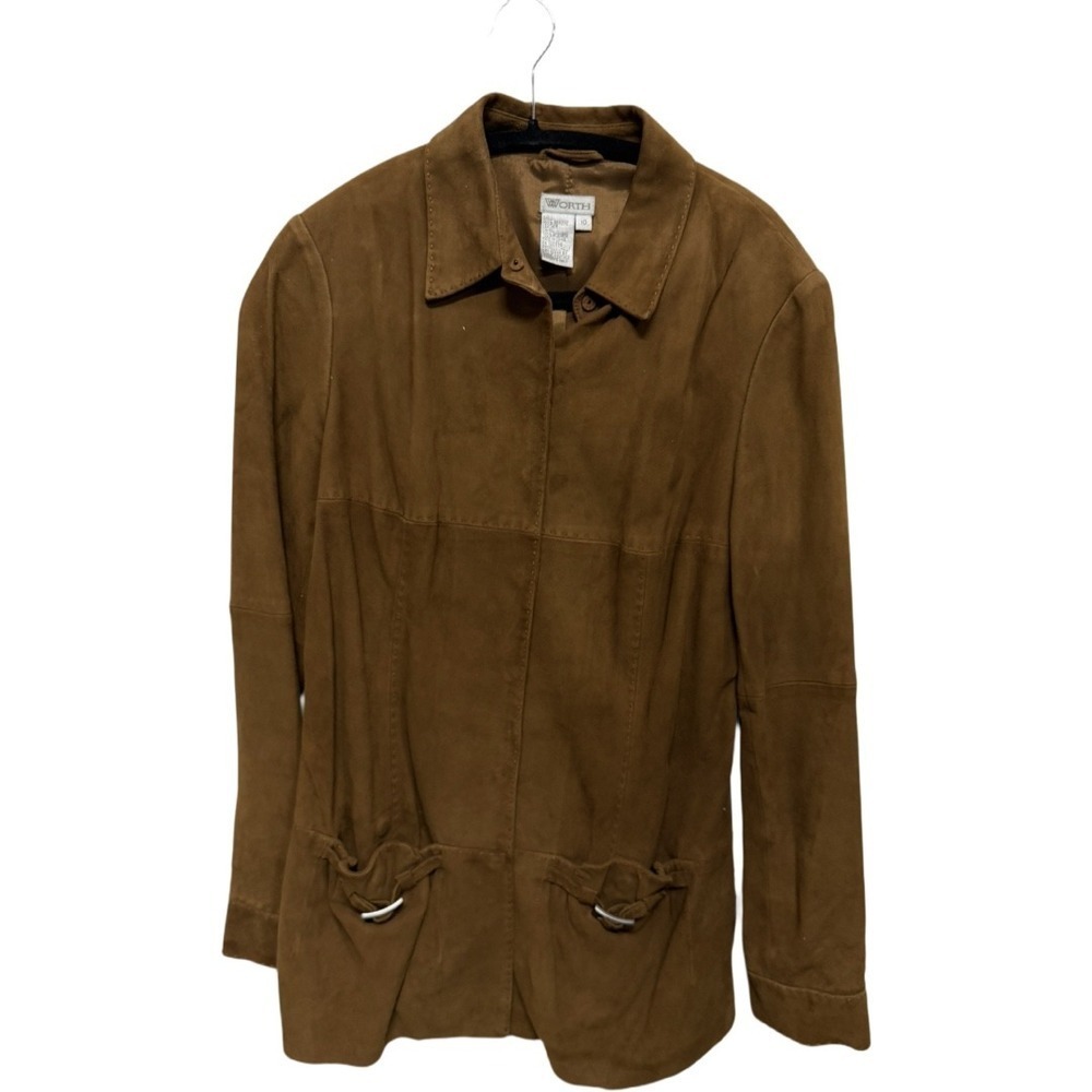 Worth Genuine Vintage Leather Brown Long Jacket Shirt Heavy Snap Button Size 10